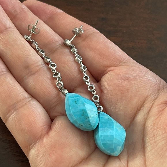 Carved turquoise howlite cz solid sterling silver drop earrings - Picture 3 of 6